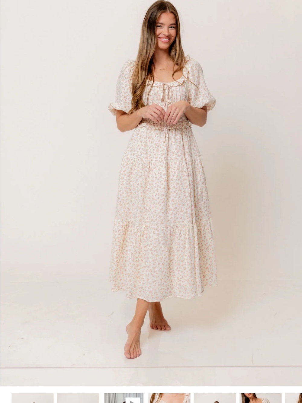Landon 100% Cotton Ruched Puff Sleeve Ruffle Tiered Floral Midi Dress in Pink